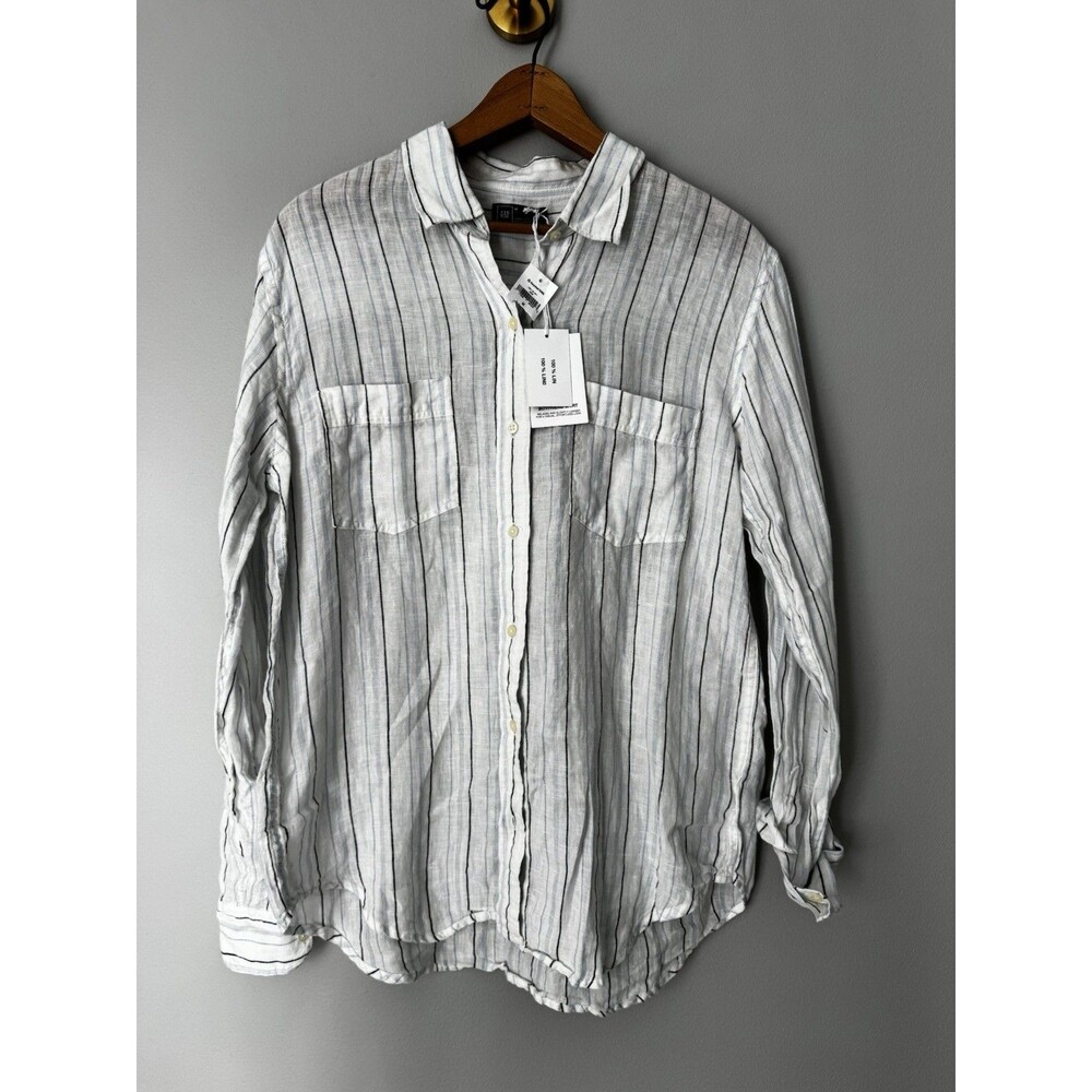 Gap Women’s Size M Striped 100% Linen Long Sleeve Button Front Boyfriend Shirt